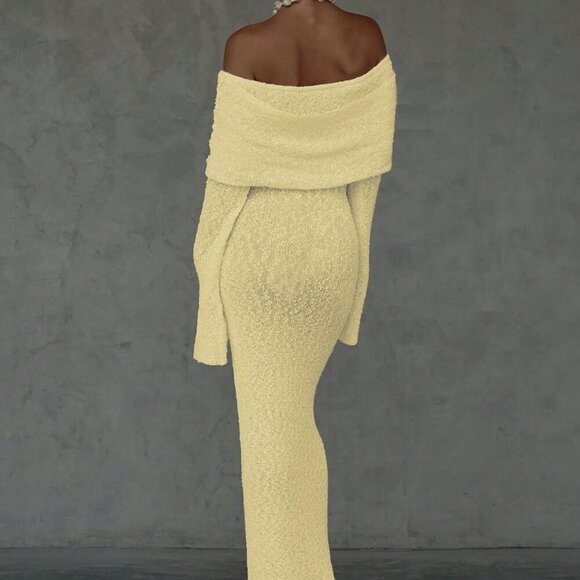 Light Yellow Elegant Women's Sexy Beach Vacation Off shoulder maxi Dress - Picture 8 of 10